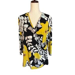 Chicos Black & Yellow Floral Blouse Stretch V- Neck Size 3, XL